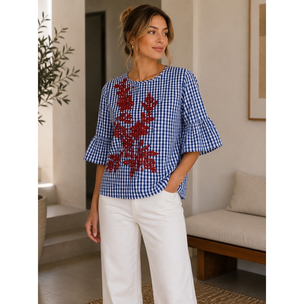 Flores Womens Blue Gingham Red Floral Embroidered Bell Sleeve Blouse Size L